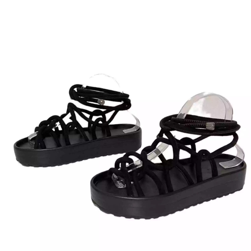 AllSaints Black Kofu Rope Lace-Up Flat Sandals Japanese Style Shibari - Picture 3 of 6